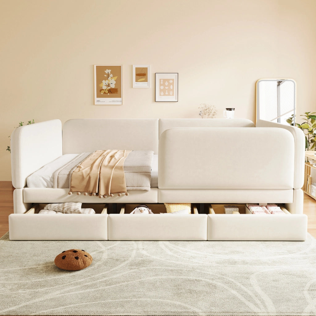 Letto imbottito per bambini 140x200 cm con bordo di sicurezza; angoli arrotondati e cassetto; velluto beige