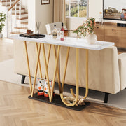 Consolle con vano aperto e piano in effetto marmo, per ingresso e soggiorno, in MDF e metallo bianco, 120 × 29,5 × 80 cm