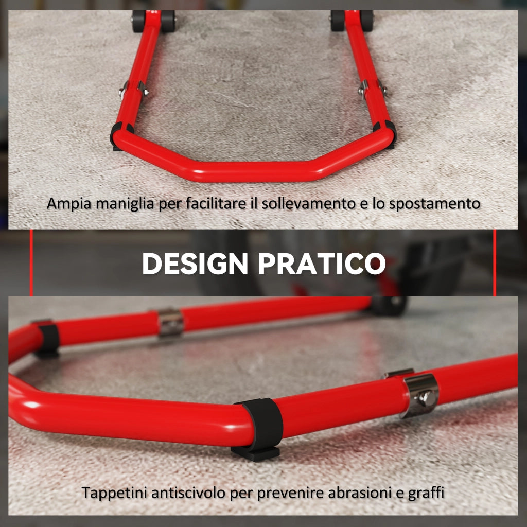 Cavalletto Moto Anteriore e Posteriore con Capacit¨¤ 390 kg, Forcelle a U e L, Rotelle e Cuscinetti Antiscivolo, Rosso