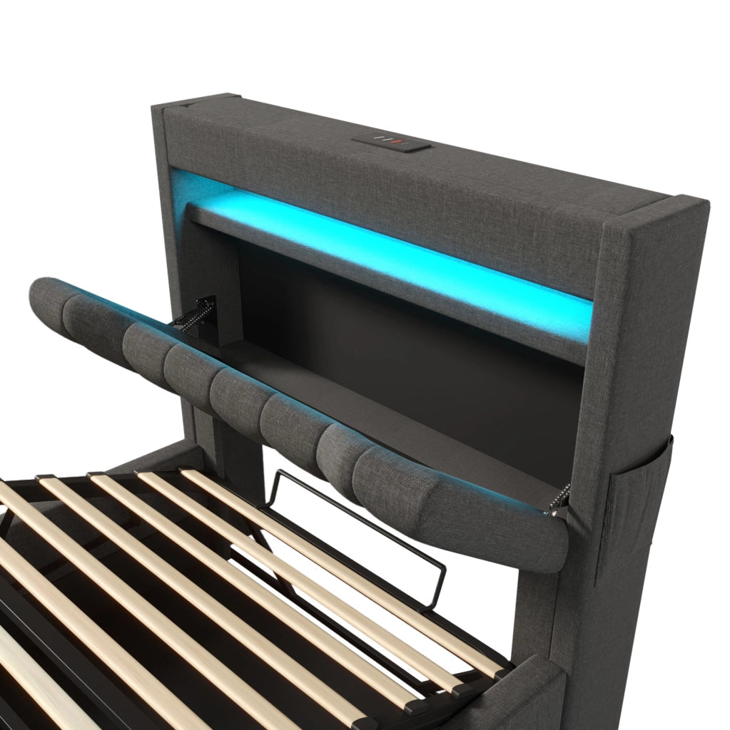 Letto singolo 90x200 cm in lino grigio con LED; USB; Type-C e contenitore idraulico