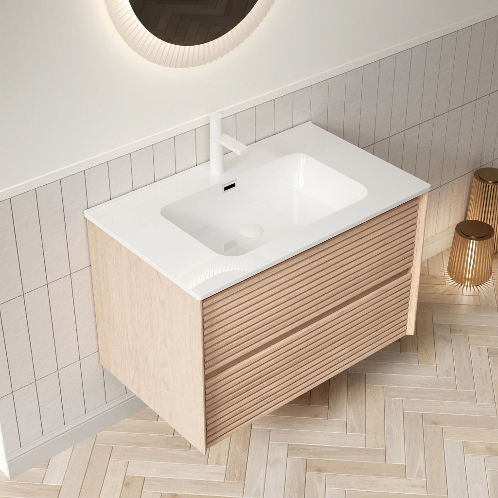 Mobile bagno con lavabo in ceramica e 2 cassetti per bagno; in compensato; bianco e noce; 81×46.5×51.5 cm