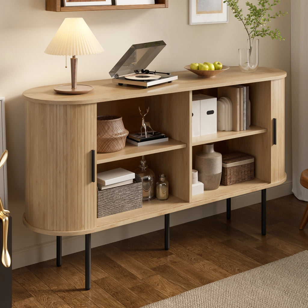 Credenza con 2 Ante a Serrandina Scorrevoli; Maniglie in Alluminio e Gambe in Ferro; in MDF; 140??40??78 cm; Naturale