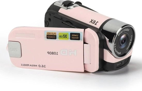 Camera digitale 1080P con zoom 16x - videocamera per vlog e registrazioni - schermo rotativo da 24 pollici - fotocamera selfie con illuminazione integrata - colore rosa.
