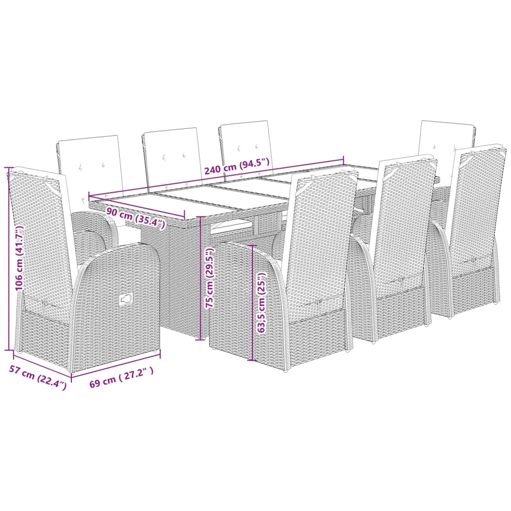 Set da Pranzo da Giardino 9 pz con Cuscini in Polyrattan Grigio 3277592