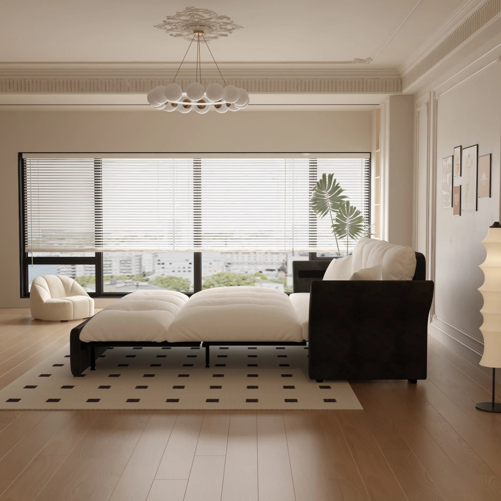 Divano letto estraibile 3 in 1 convertibile con 2 cuscini, in velluto beige e bianco, per soggiorno, 190 cm