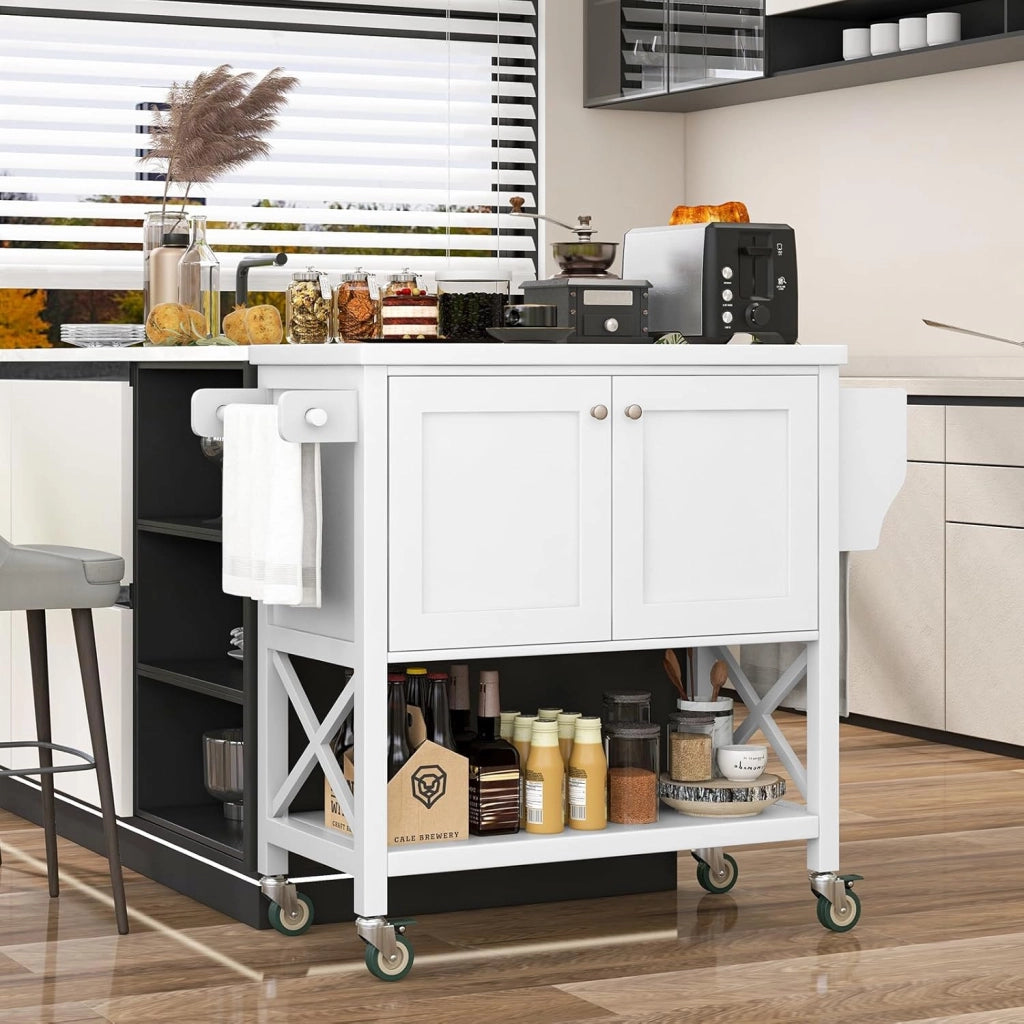 Carrello da Cucina Mobile con Piano di Lavoro, Armadio e Ripiani Aperti, Tavolo da Isola con Ruote Girevoli con Portasciugamani e Portaspezie per Bar, Sala da Pranzo, Bianco，38x100x87cm