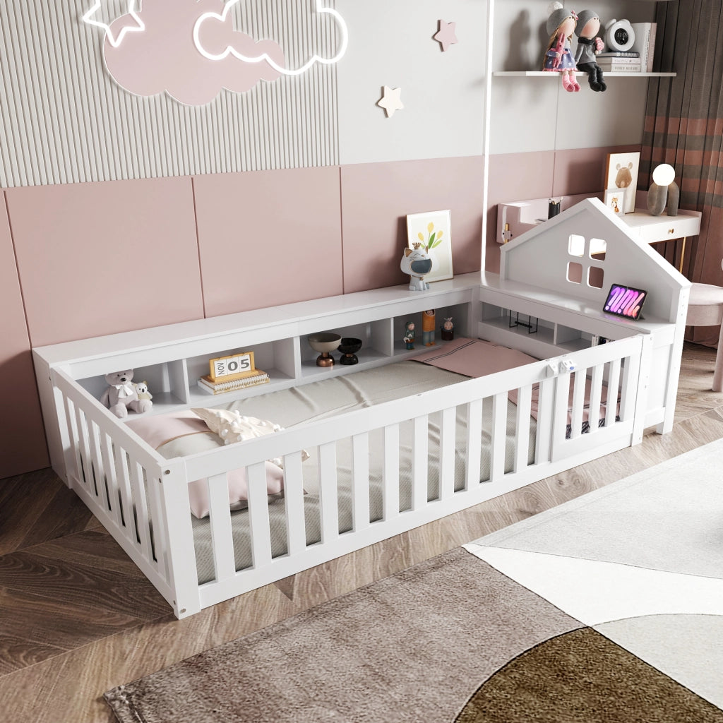 Letto singolo per bambini bianco con funzione di stoccaggio in legno massello 90x200 cm