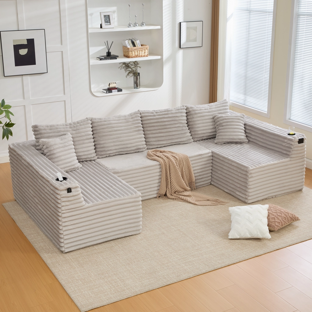 Divano modulare a U in velluto a coste con portabicchieri e tasche laterali, ergonomico, grigio chiaro