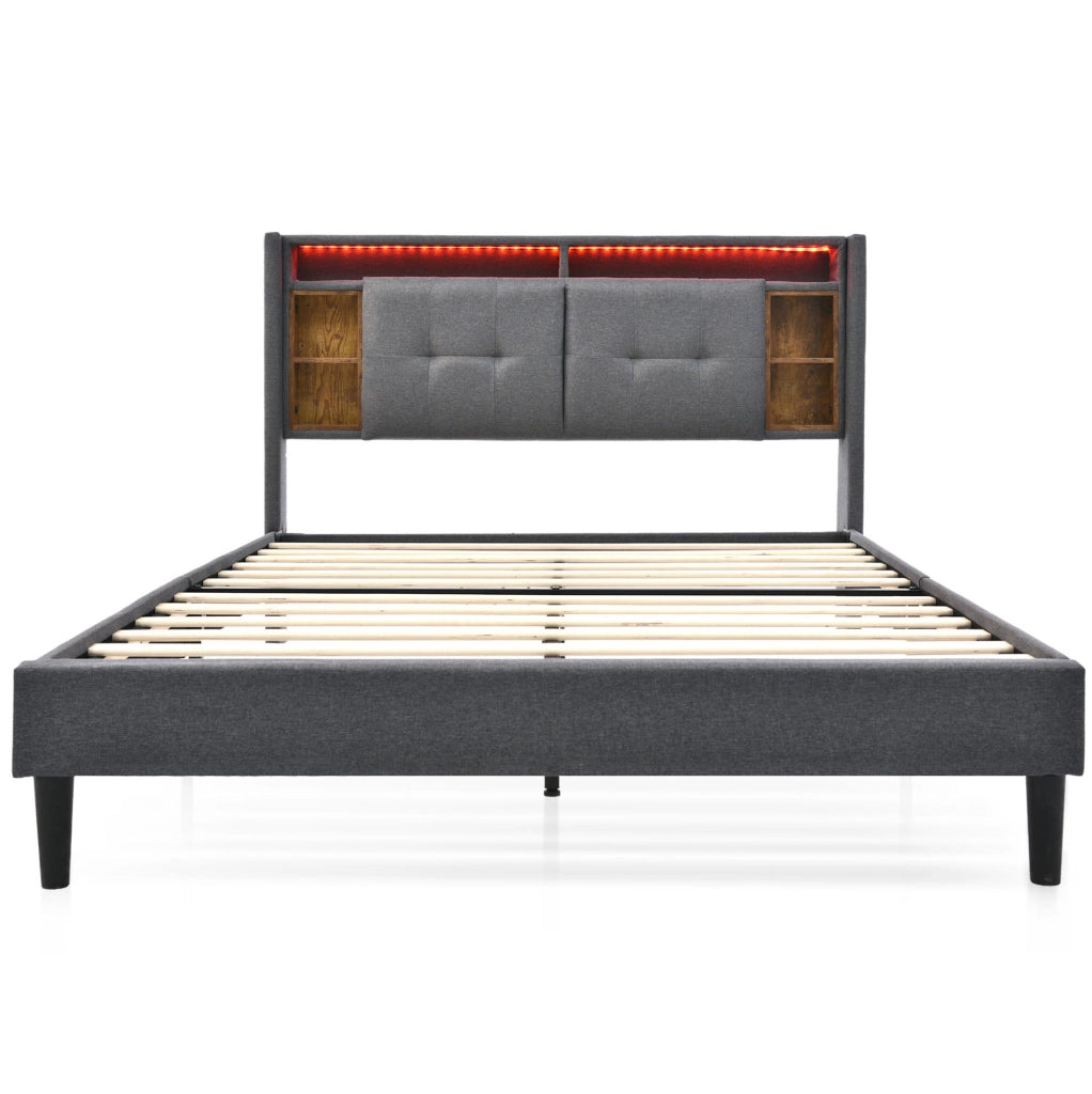 Letto imbottito con testiera contenitore; USB; prese e LED; 140x200 cm; grigio