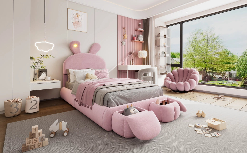 Letto singolo imbottito in velluto rosa 90x200 cm con orecchie da coniglio e luce LED, 2 pouf inclusi
