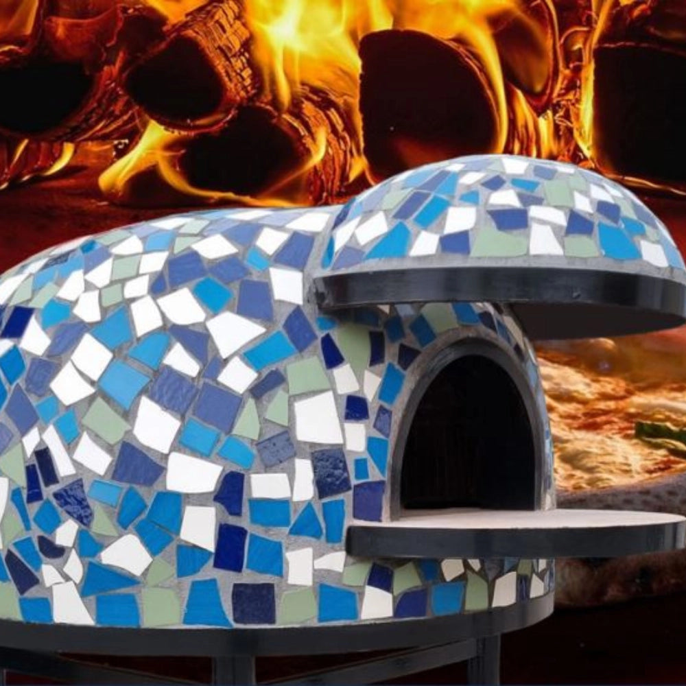 Forno a legna artigianale diametro 120 cm capienza 5 pizze cetara blu con base