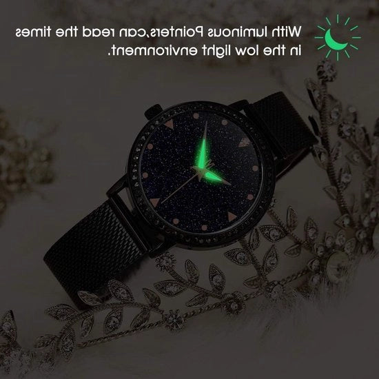 Orologio da polso in acciaio inox con diamanti cristalli - orologio da donna - stile classico romantico - cinturino Nero Stellato