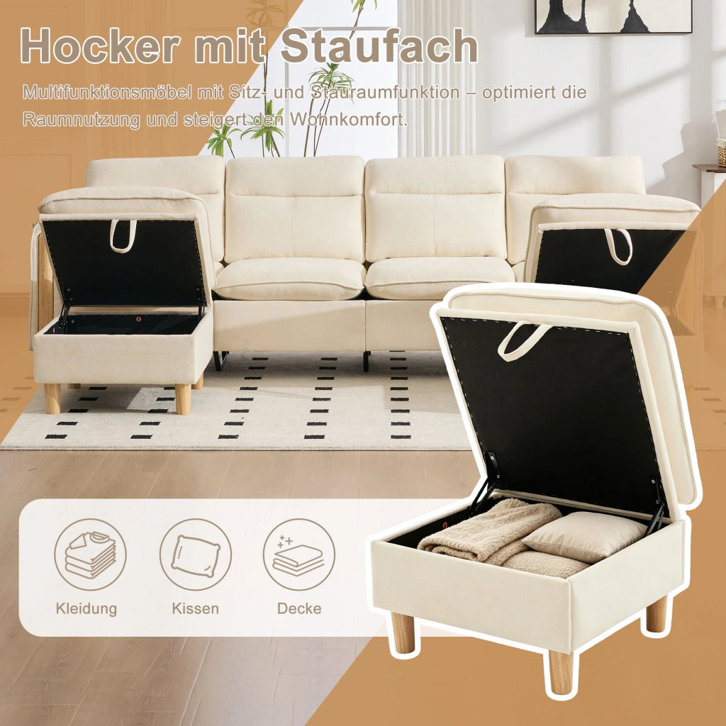 Divano modulare a U 4 posti - con 2 pouf contenitore e tasche laterali - in chenille beige