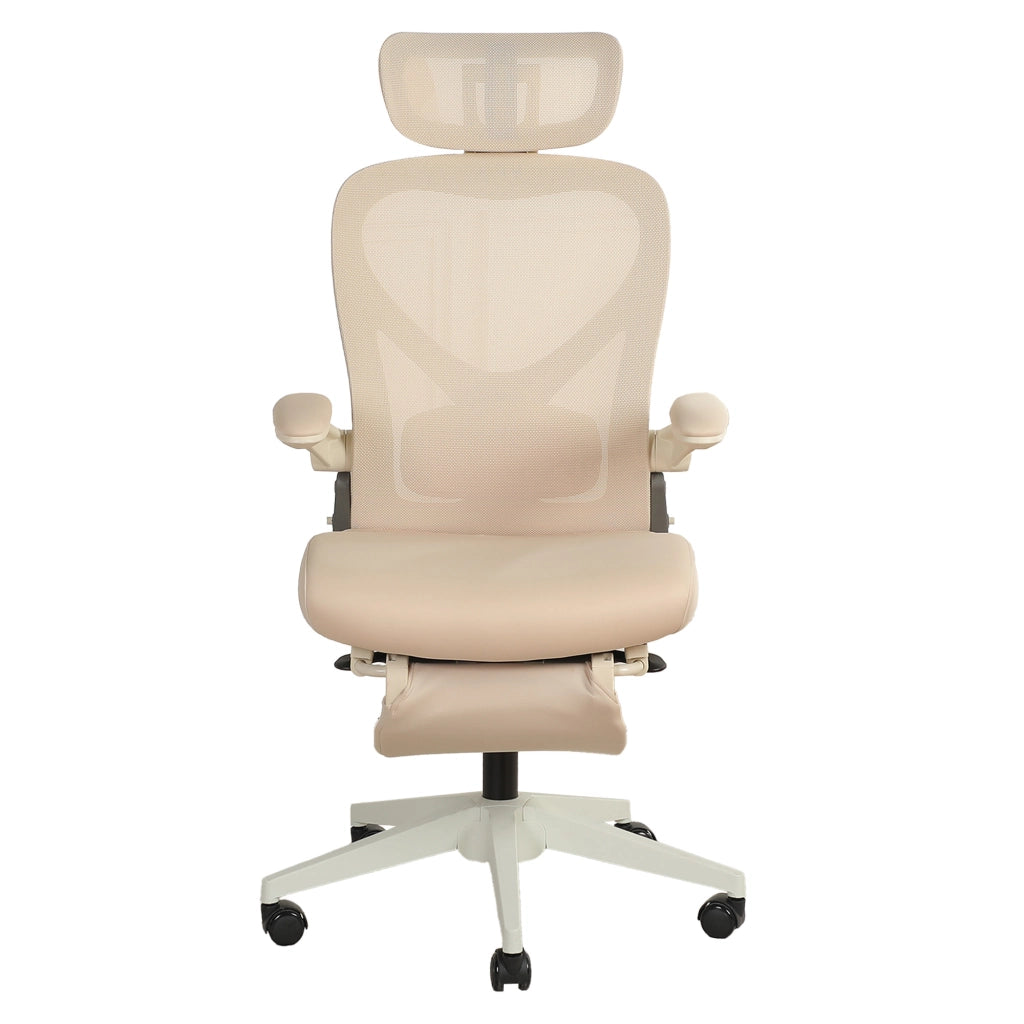 Sedia da ufficio ergonomica pieghevole salvaspazio con poggiatesta 3D, supporto lombare e schienale crema 65 × 61 × 40.5 cm