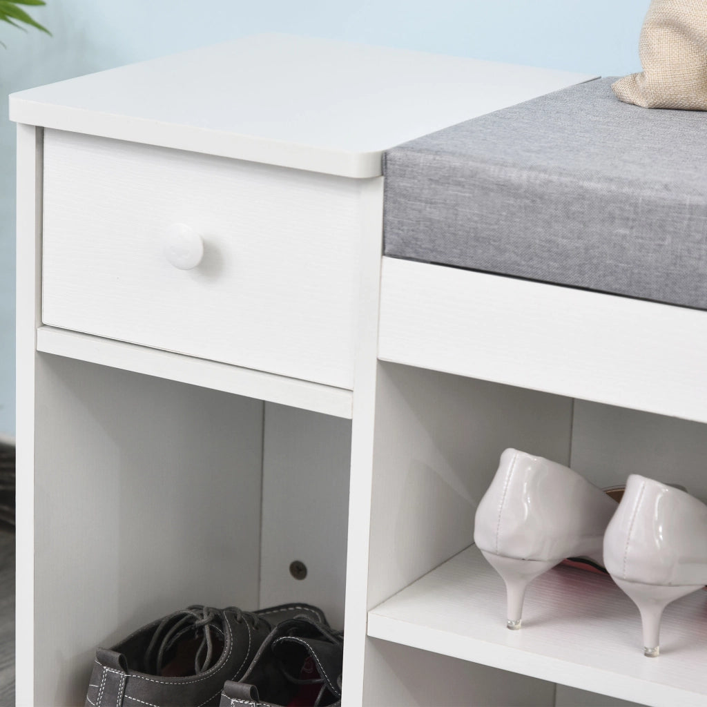 EasyComfort Panca Scarpiera con Cuscino, Cassetto e 3 Vani Aperti in Legno, 81x31.5x49cm, Bianco