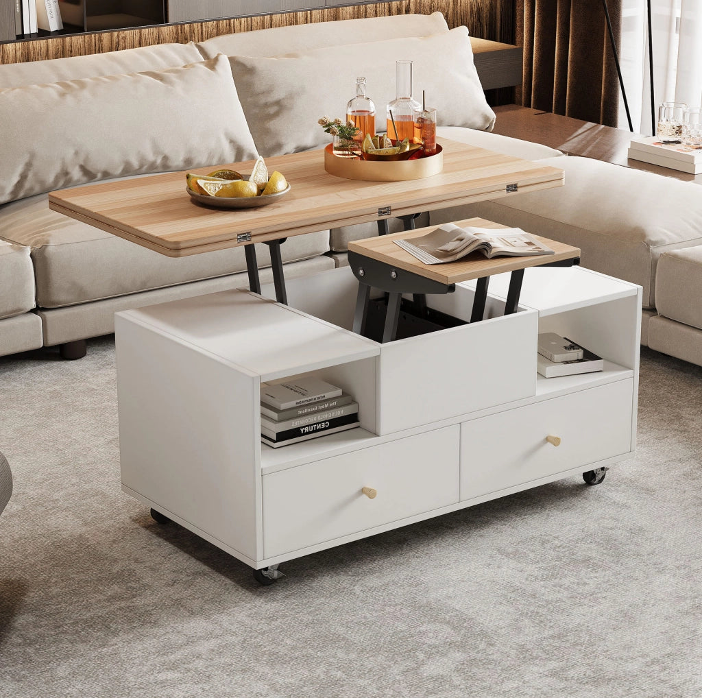 Tavolino da caffè elevabile MDF con 4 cassetti e ruote