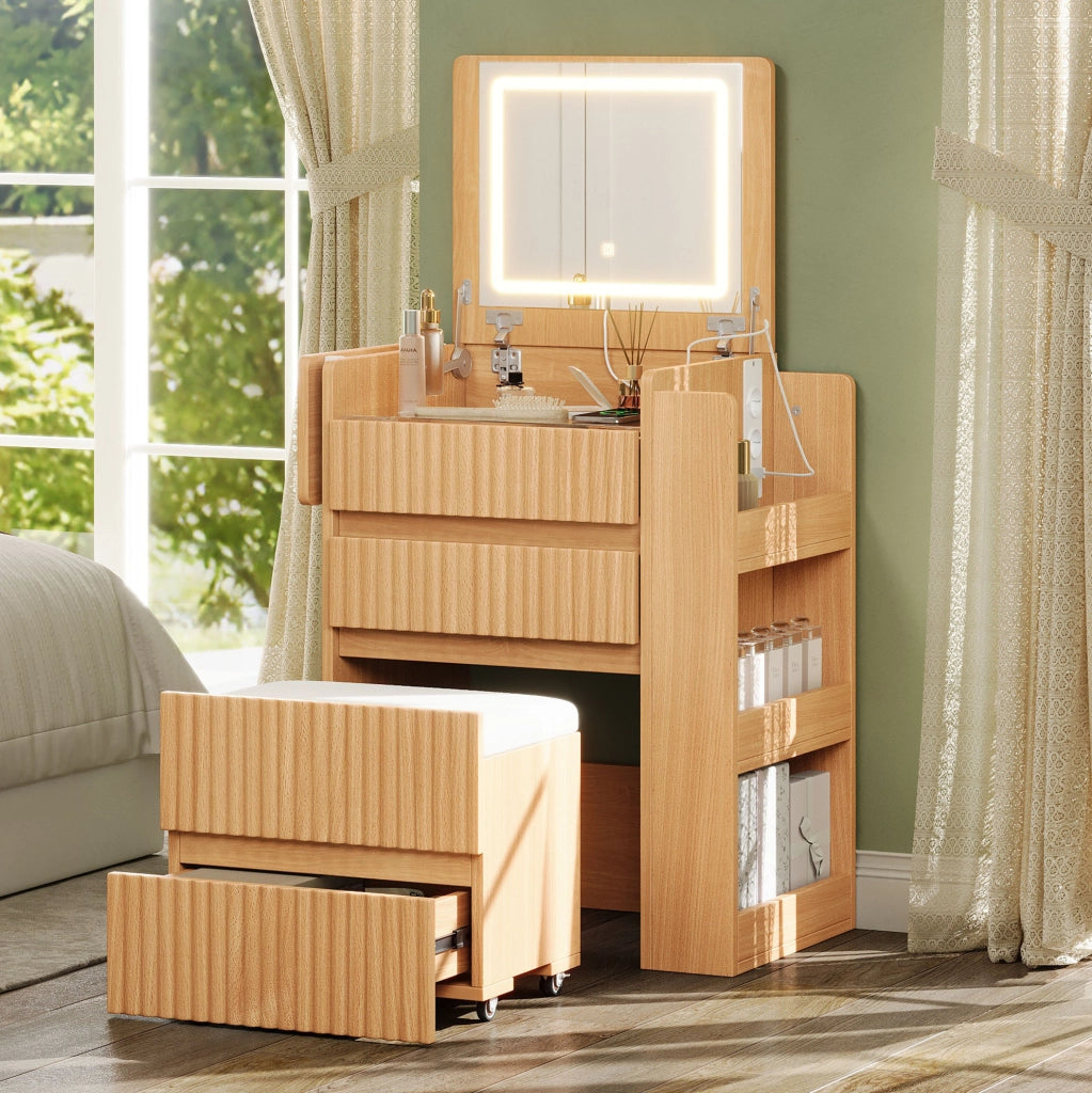 Toeletta compatta naturale con specchio LED, ricarica integrata e sgabello con ruote