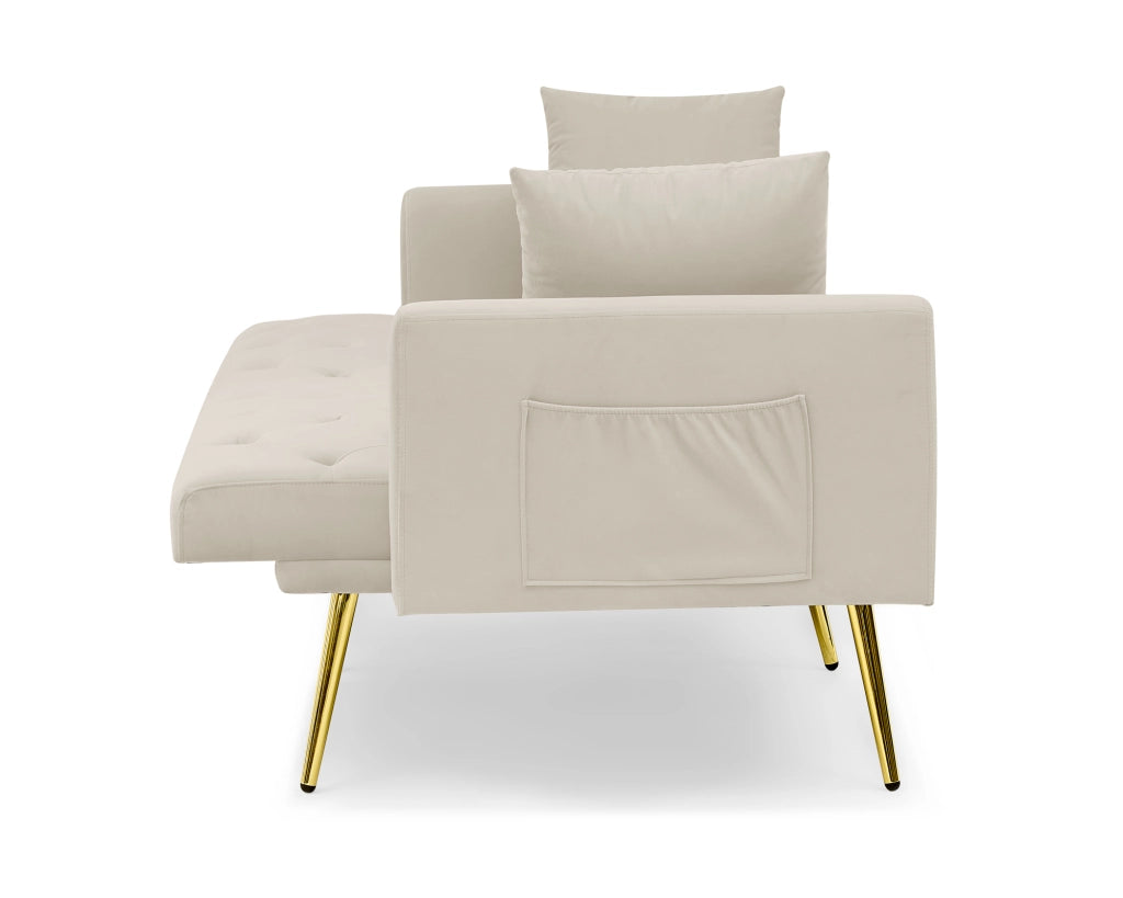 Divano letto 2 posti con schienale regolabile in 3 posizioni e 2 cuscini, in velluto Beige
