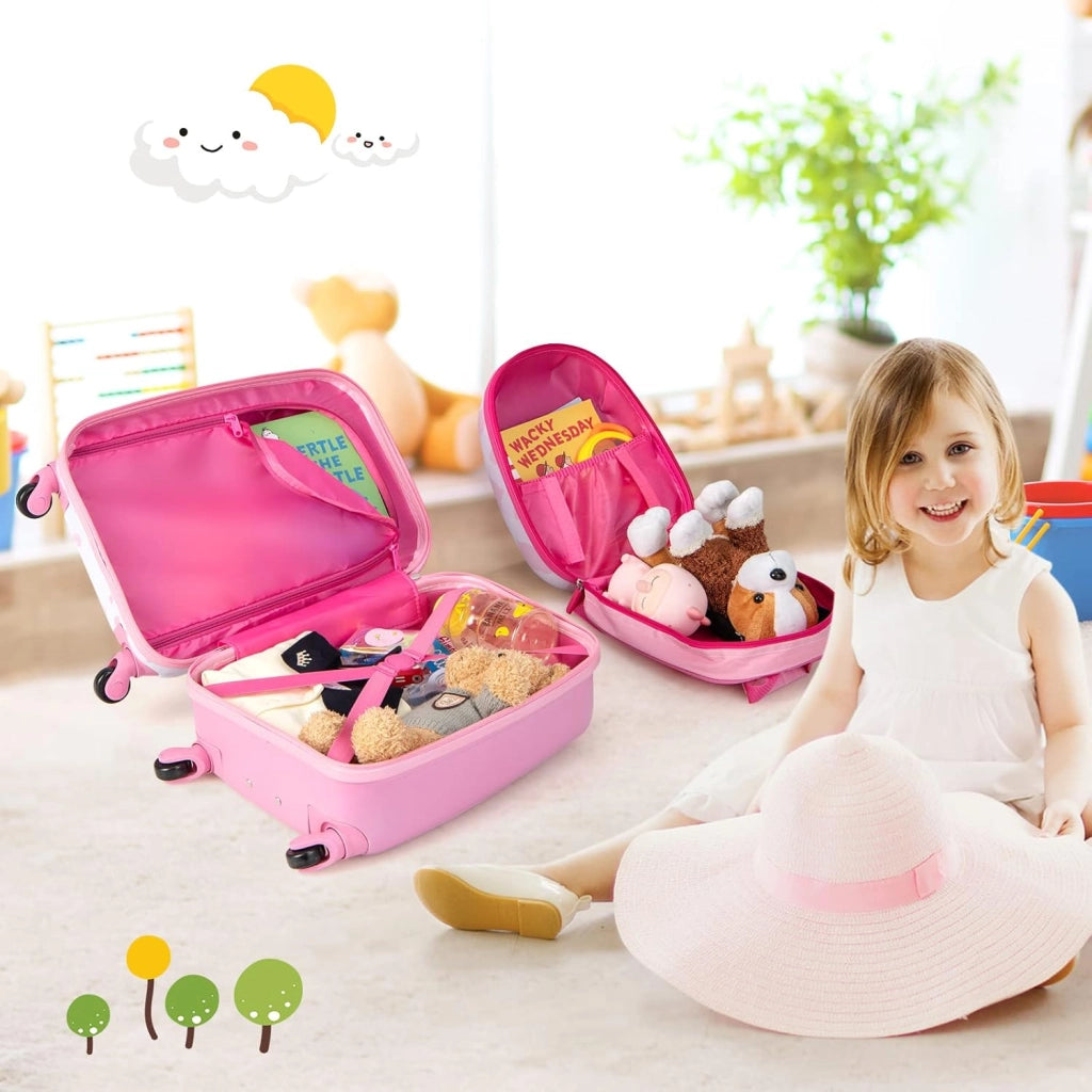 Valigia per bambini con ruote leggere con zainetto, bagaglio cabina bambino con spazio sufficiente per viaggiare, scuola, campeggio, rosa, unicorno