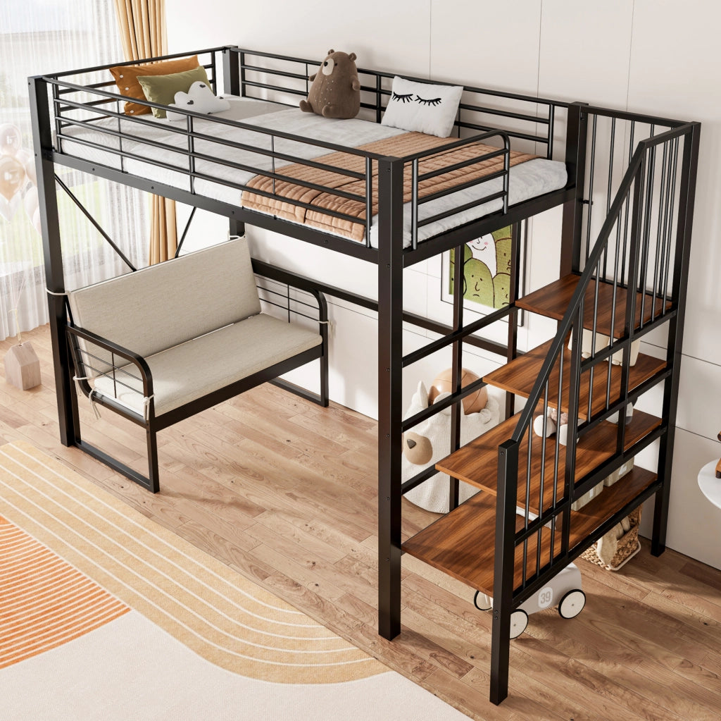 LETTO A CASTELLO 90x200 cm in metallo e MDF nero con divano imbottito rimovibile