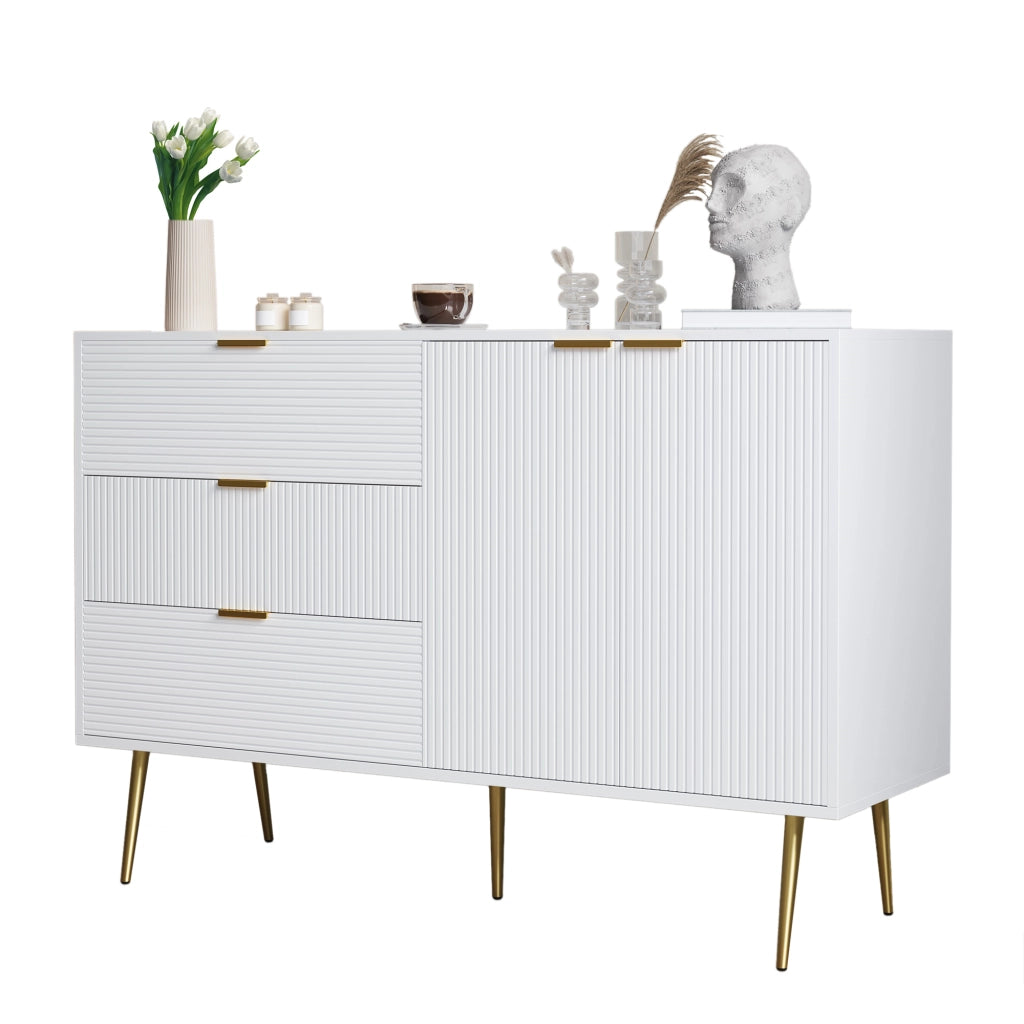 Credenza con 2 Ante; 3 Cassetti e Ripiani Interni; Motivo Ondulato; Stile Moderno; in MDF; Bianco+Oro; 120??38??80;5 cm