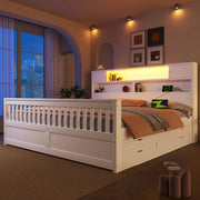 LETTO con testiera libreria 180x200 cm Bianco con 4 cassetti e LED