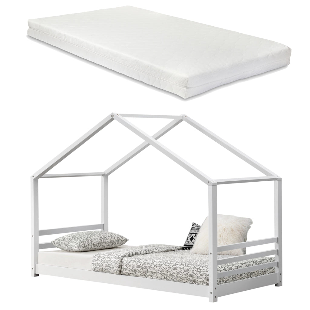 Letto a Casetta per Cameretta Vardø con Materasso 90x200 cm Bianco [en.casa]