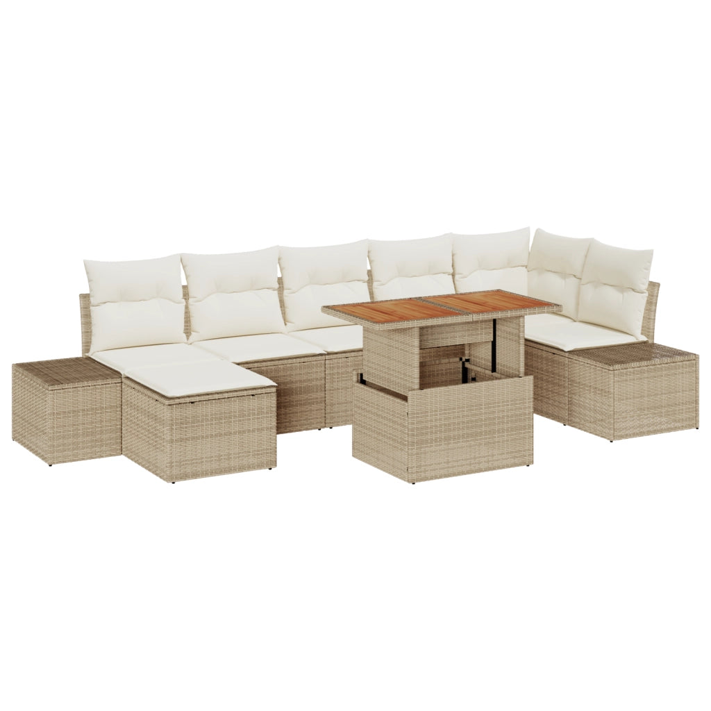 Set da Pranzo da Giardino in 8 Pezzi con Cuscini Beige in Rattan Sintetico e Acacia