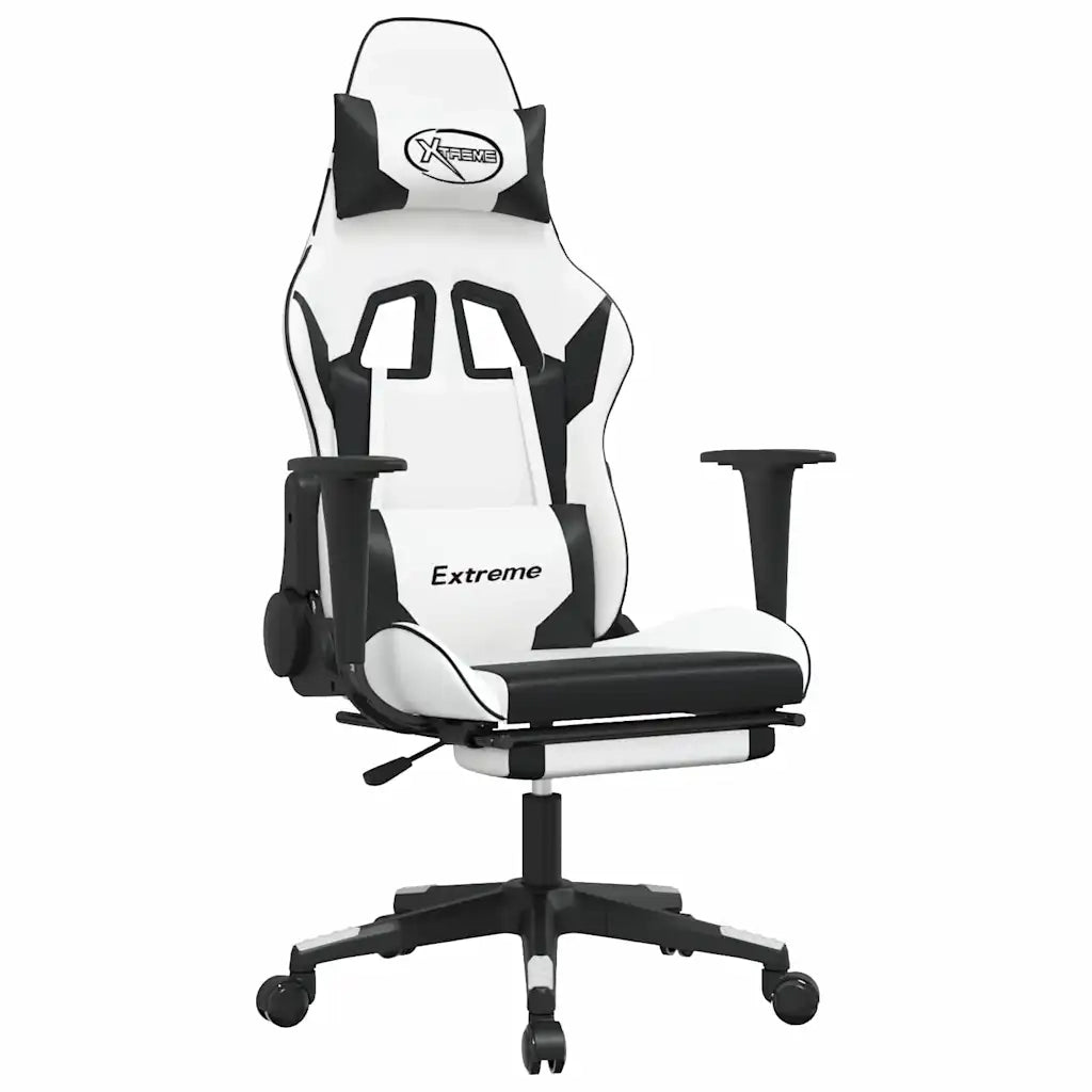 Sedia da Gaming | Sedia da e-sports Massaggio Poggiapiedi Bianco e Nero Similpelle