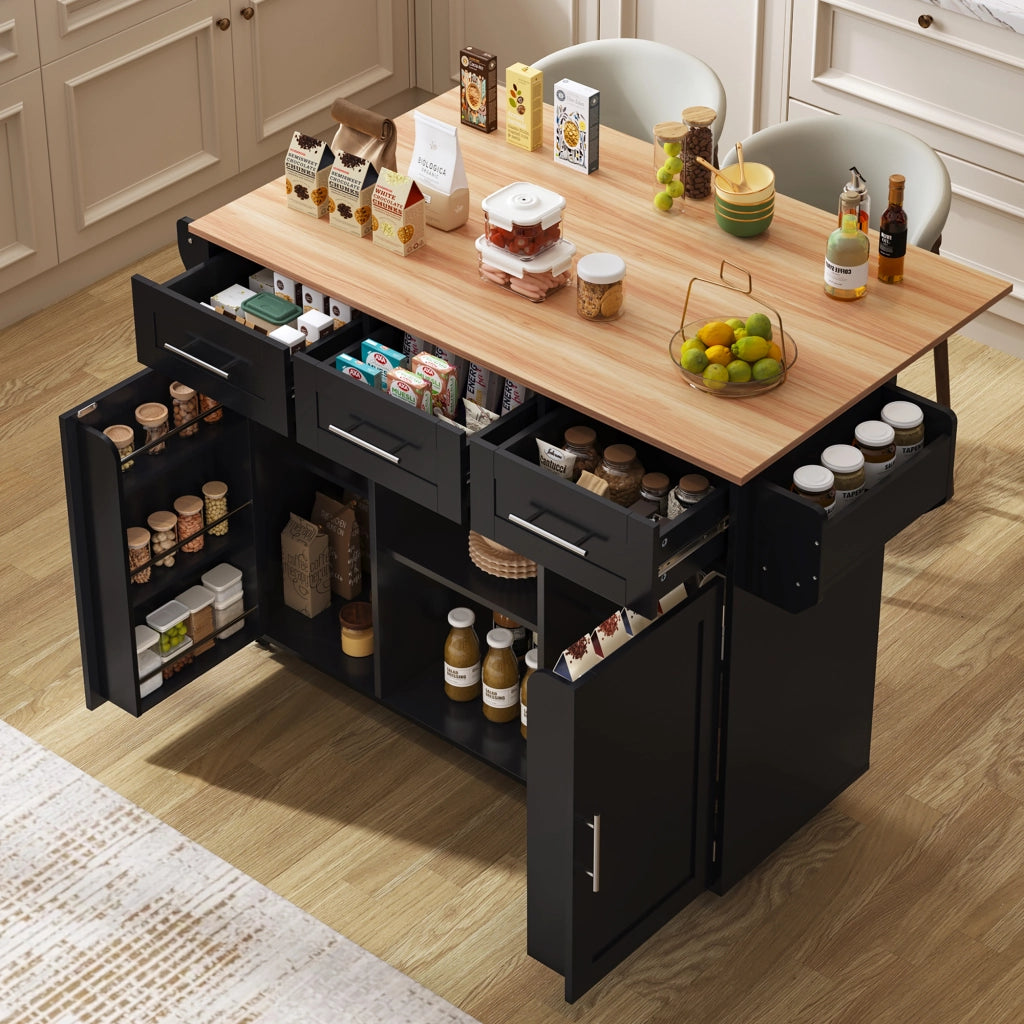 Carrello Isola Cucina 139x46/71x91;5 cm Nero con Piano Pieghevole; 3 Cassetti; Armadietti e Ruote