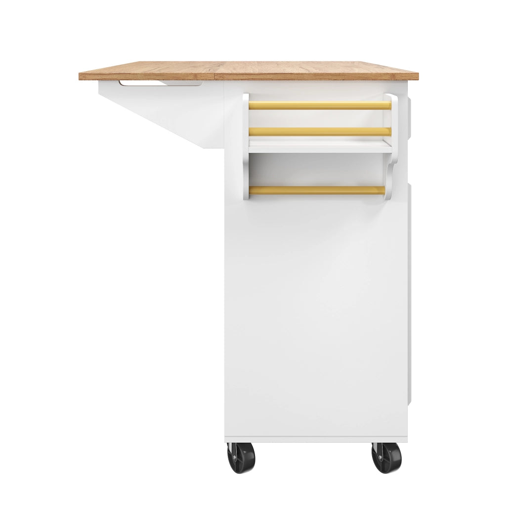Isola da cucina 110x75x92 cm; con piano pieghevole; cassetti e ripiani; MDF bianco