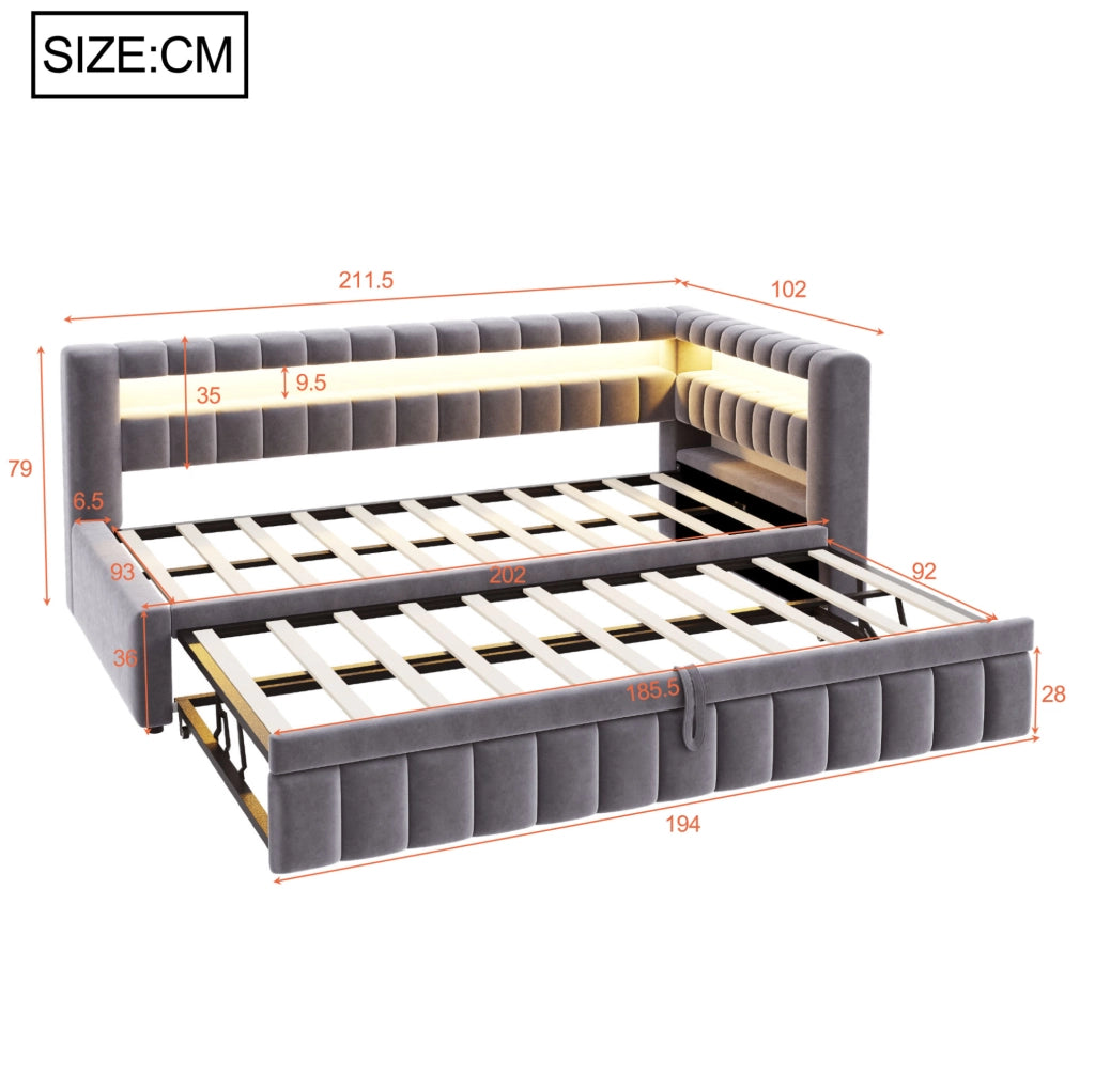 Divano letto 90x200 cm estraibile; con LED e porte USB; in velluto grigio