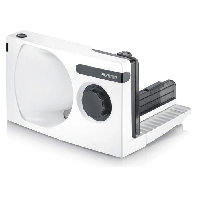 Severin AS 3912 - Affettatrice 19 cm, 100 W, spessore regolabile fino a 1,5 cm, lama in acciaio inox, sicurezza con pulsante a due fasi, colore Bianco
