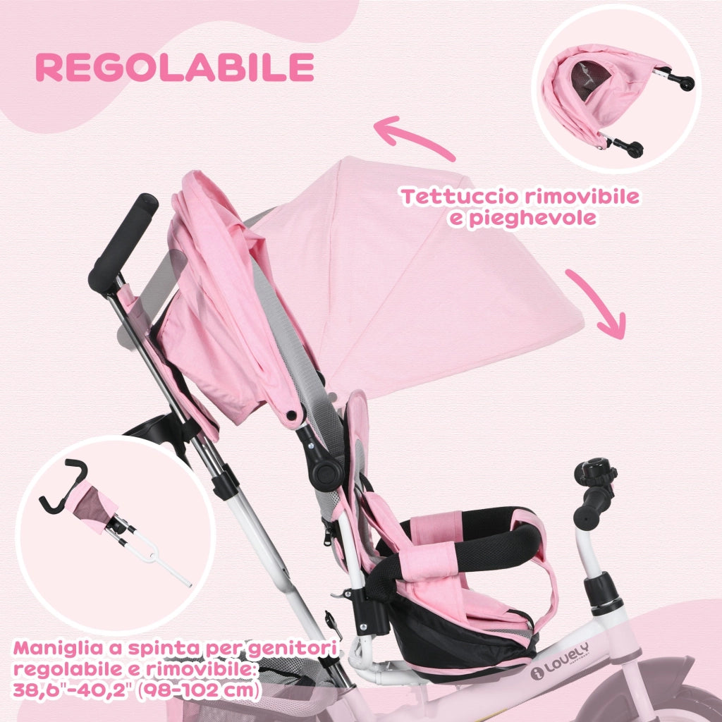 Triciclo per Bambini 1-5 Anni 102x49x102 cm con Maniglione e Tettuccio Regolabile Bianco e Rosa