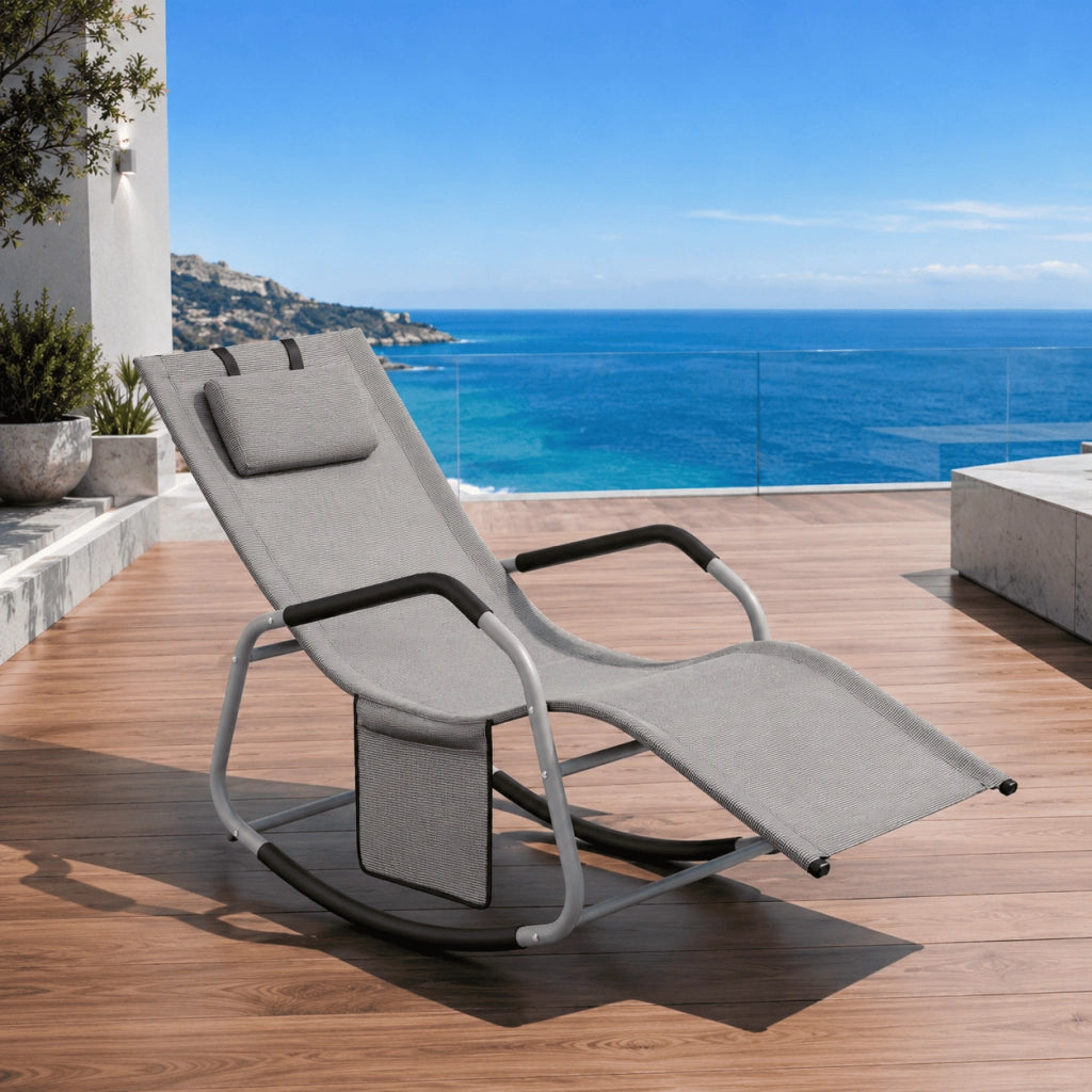 Sedia A Dondolo Ergonomica Poltrona Relax Con Cuscino Antiribaltamento E Tasca Laterale Da Giardino Terrazzo Con Struttura In Acciaio Rivestimento In Textilene 151 X 56 X 90 Cm Grigio