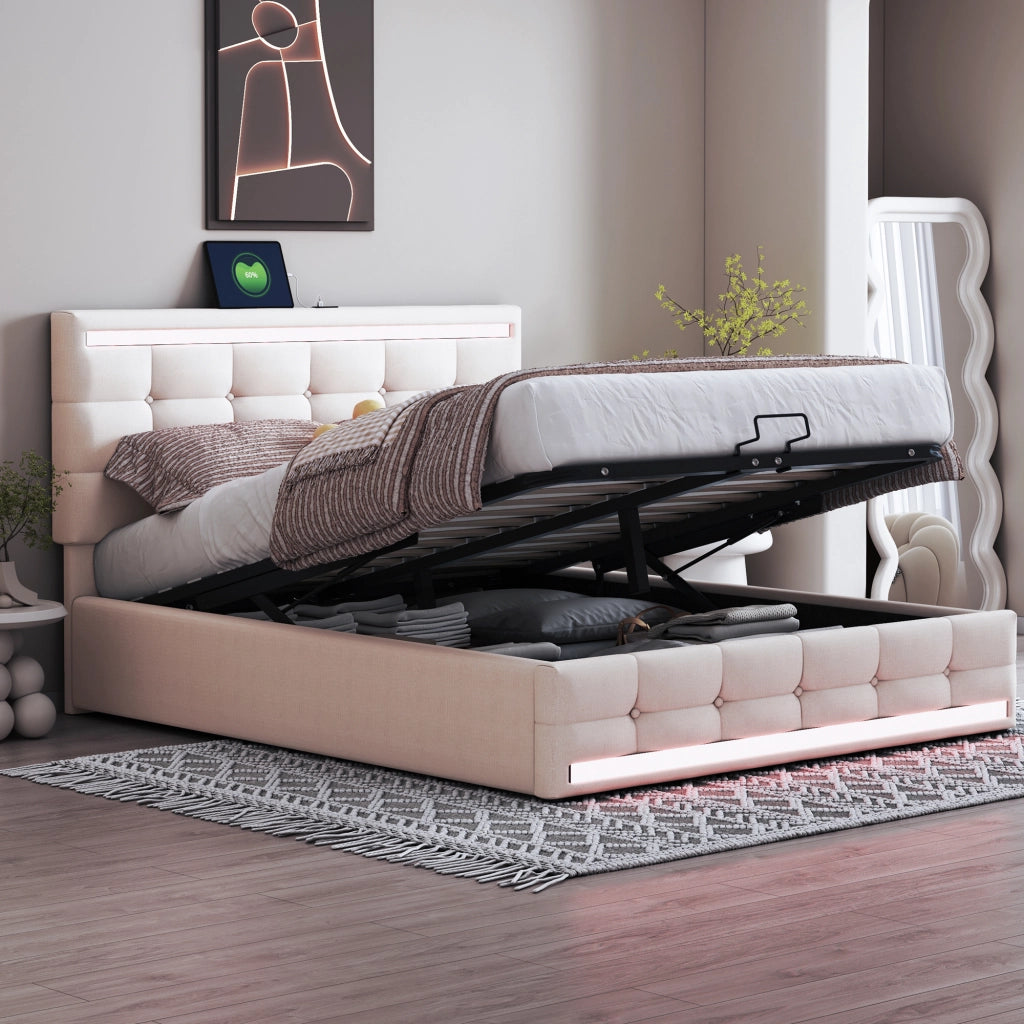 Letto imbottito con LED, 2 USB, contenitore e testiera regolabile, 140x200 cm, lino beige