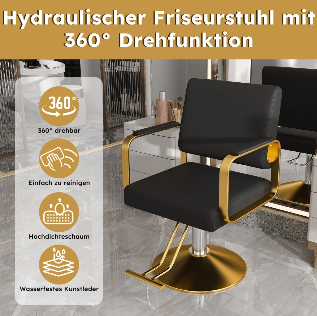 Poltrona da parrucchiere idraulica girevole 360° con base dorata e ecopelle nera