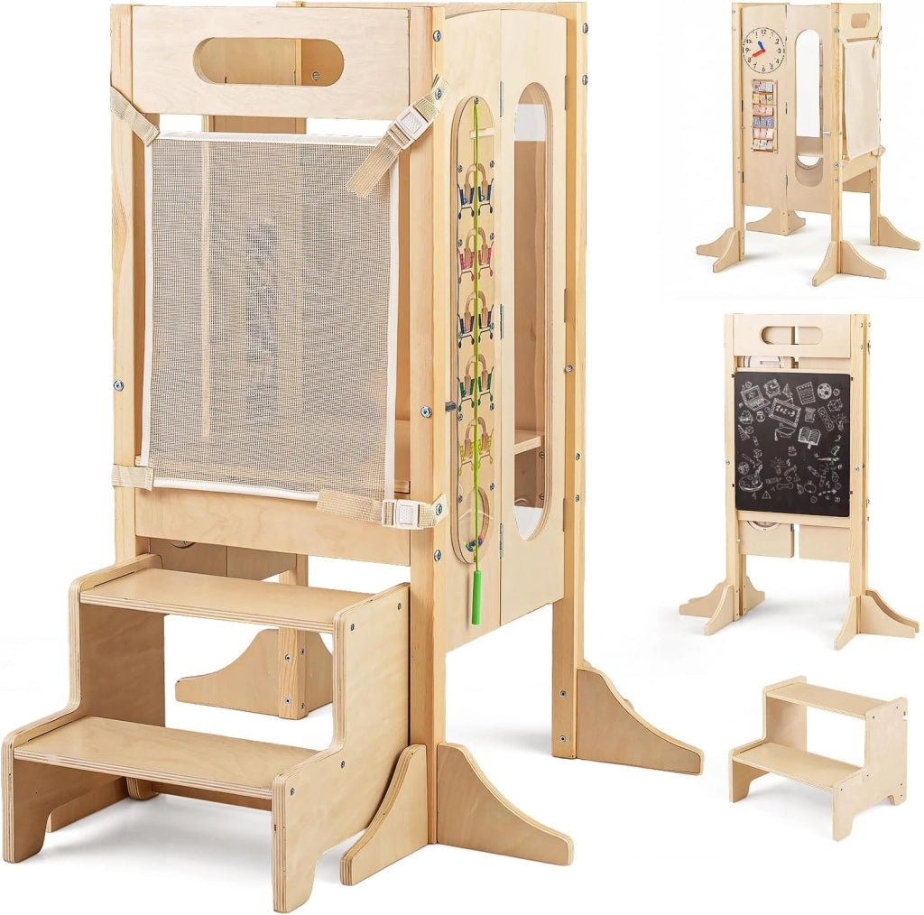 Torre Montessoriana Pieghevole per Bambini, Sgabello da Cucina in Legno con 2 Scalini e Rete Sicurezza, Torre di Apprendimento Montessoriana con Lavagna e Giochi Sensoriali per Bambini 3+ Anni