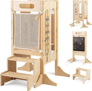 Torre Montessoriana Pieghevole per Bambini, Sgabello da Cucina in Legno con 2 Scalini e Rete Sicurezza, Torre di Apprendimento Montessoriana con Lavagna e Giochi Sensoriali per Bambini 3+ Anni