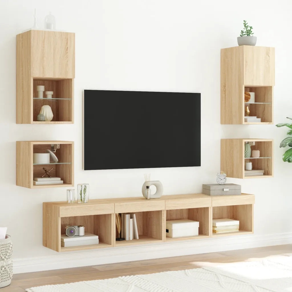 Set di 2 Comodini | Armadio da Notte | Mobiletto da notte con Luci LED a Parete Rovere Sonoma