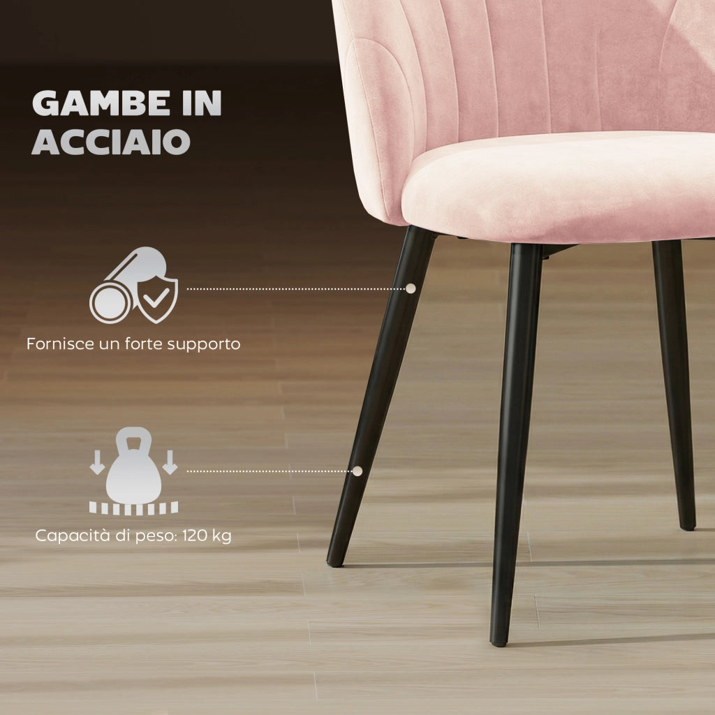 Set 2 Sedie da Pranzo Imbottite 52x55x79 cm con Schienale a Conchiglia in Velluto Rosa