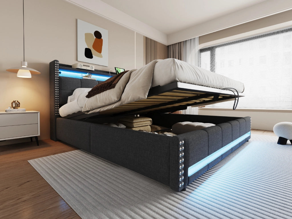 DESMIU Letto contenitore 180 × 200 cm 2 posti con LED, USB, ripiani e materasso senza materasso, in lino, grigio