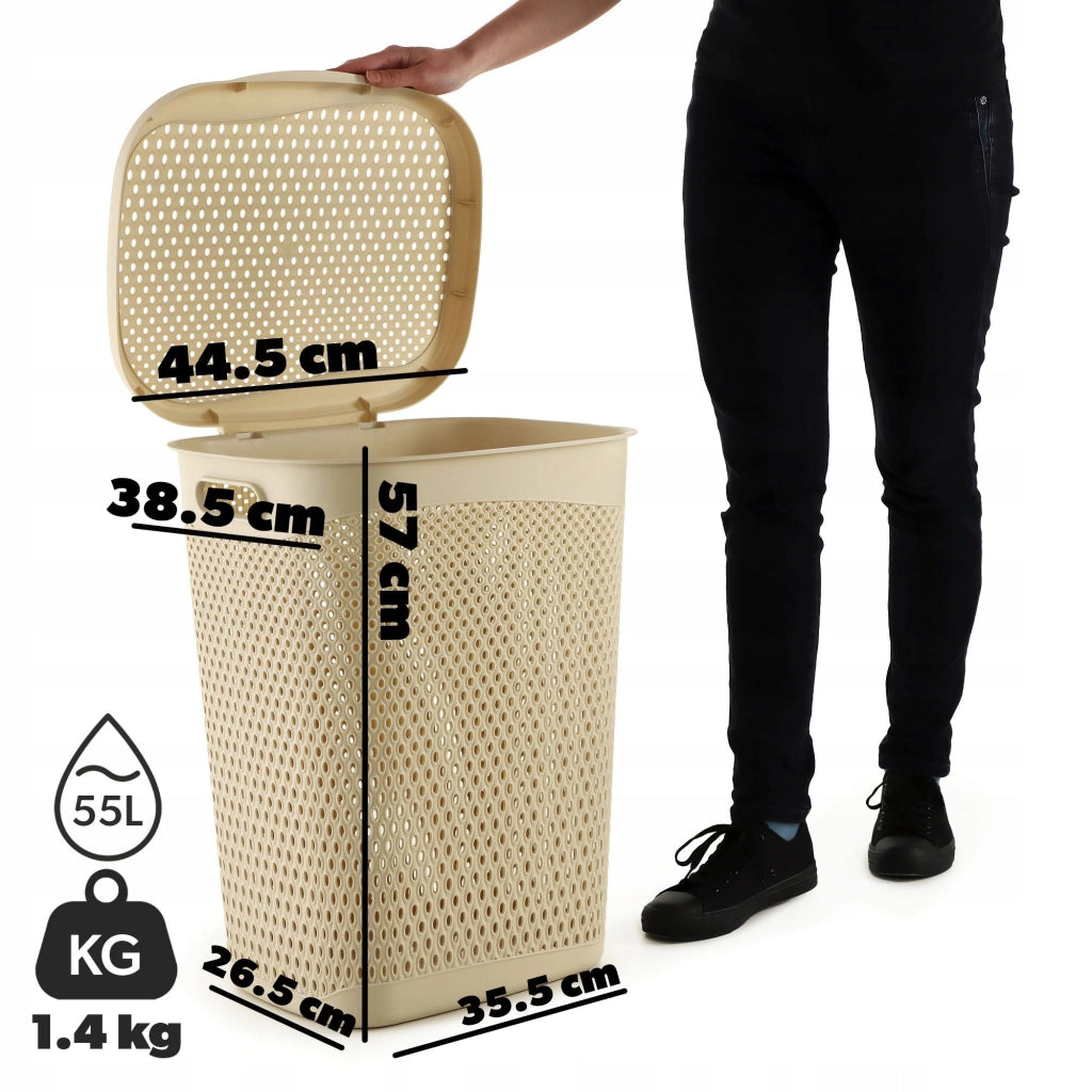 Cesto portabiancheria KADAX con coperchio, contenitore in plastica, 55 litri, beige