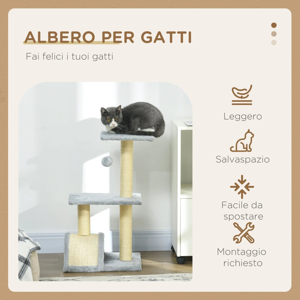 Albero Tiragraffi per Gatti a 3 Livelli 40x35x72 cm con Tiragraffi Grigio Chiaro