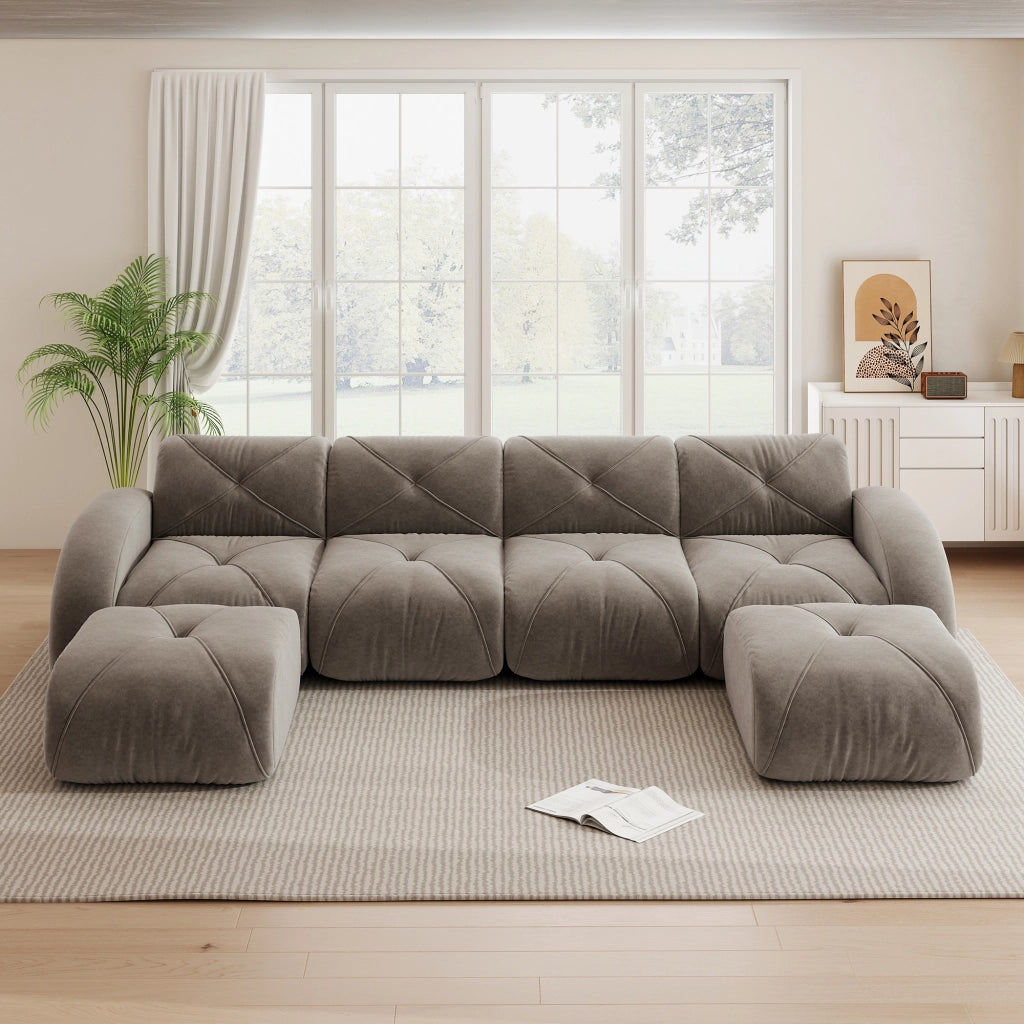 Divano modulare a U 4 posti con 2 pouf in chenille senza struttura interna e montaggio per soggiorno taupe