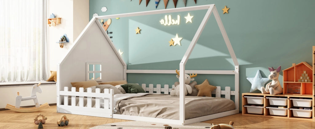 DESMIU Letto per bambini casetta 140 × 200 cm con sponda di sicurezza, senza materasso, in pino e MDF, bianco