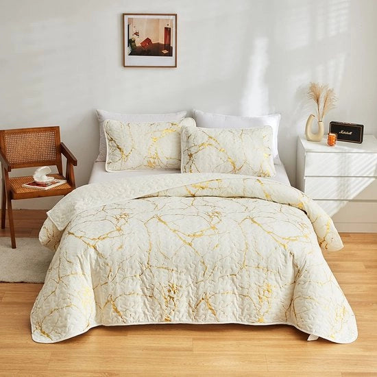 Bedsprei a due posti - Beige, Crème chiara, Pieno, Marmo dorato, Stampato, Lussuoso, Veloce microfibra, Set di lenzuola da letto