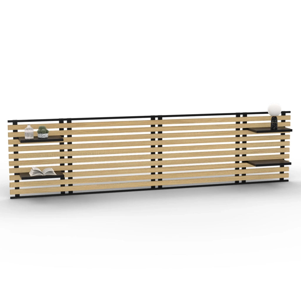 IDMarket - DETROIT Cabecero de lamas de 240 CM y estantes negros de diseño industrial