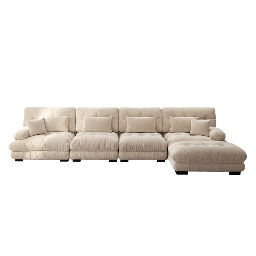 Divano angolare modulare 406x145x81 cm in chenille, marrone chiaro, con ottomano mobile –