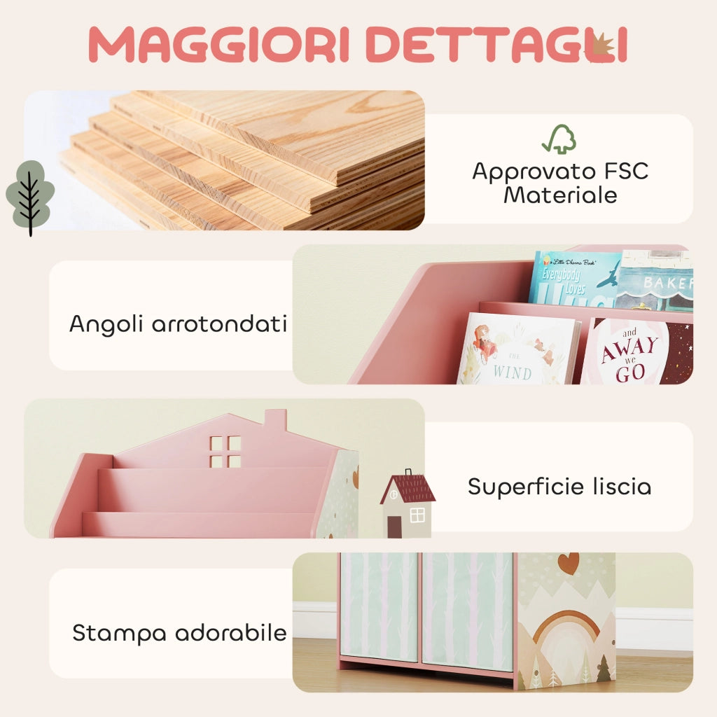 Scaffale Portagiochi per Bambini 62,5x30x91,5 cm con 2 Contenitori Rimovibili in Tessuto e Ripiani in Legno FSC Rosa